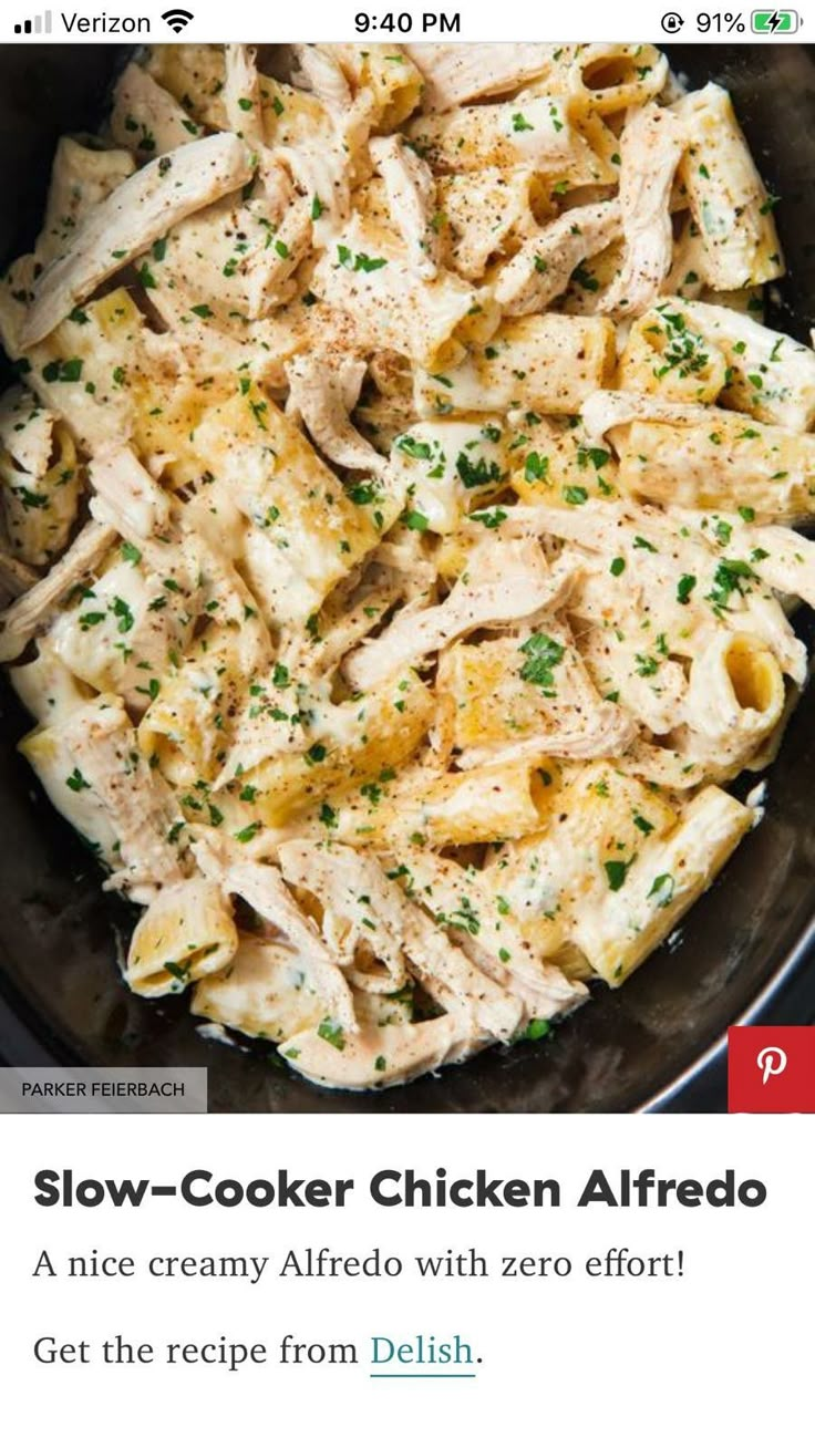 the recipe for slow - cooker chicken alfredo is shown in an instagram post