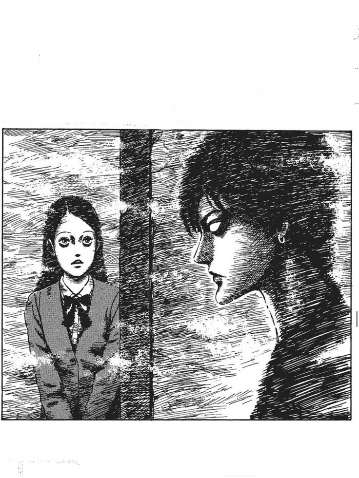 a black and white drawing of a woman looking at another woman