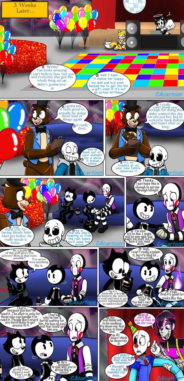 a comic strip with an image of two people talking to each other and balloons in the background