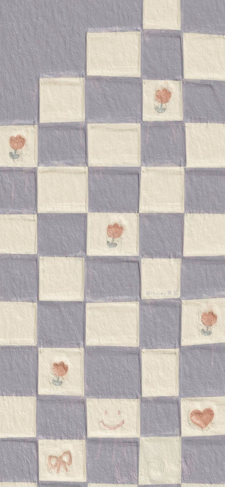 a checkered wall with flowers painted on the tiles in grey and white colors is shown