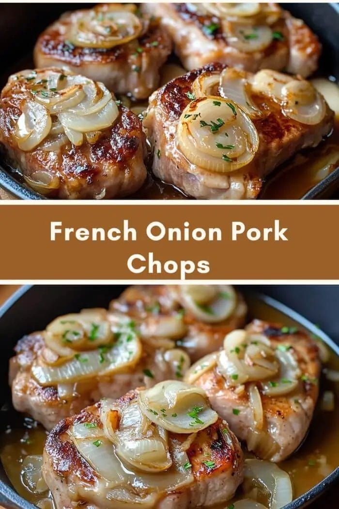 two pictures of pork chops with onions in a skillet and the words french onion pork chops