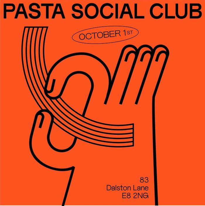 an orange poster with the words pasta social club written in black on it and two hands holding