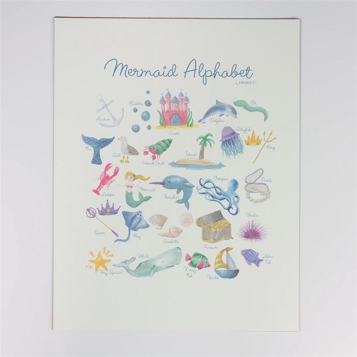 a card with an image of mermaids and other things on it that says, mermaid alphabet