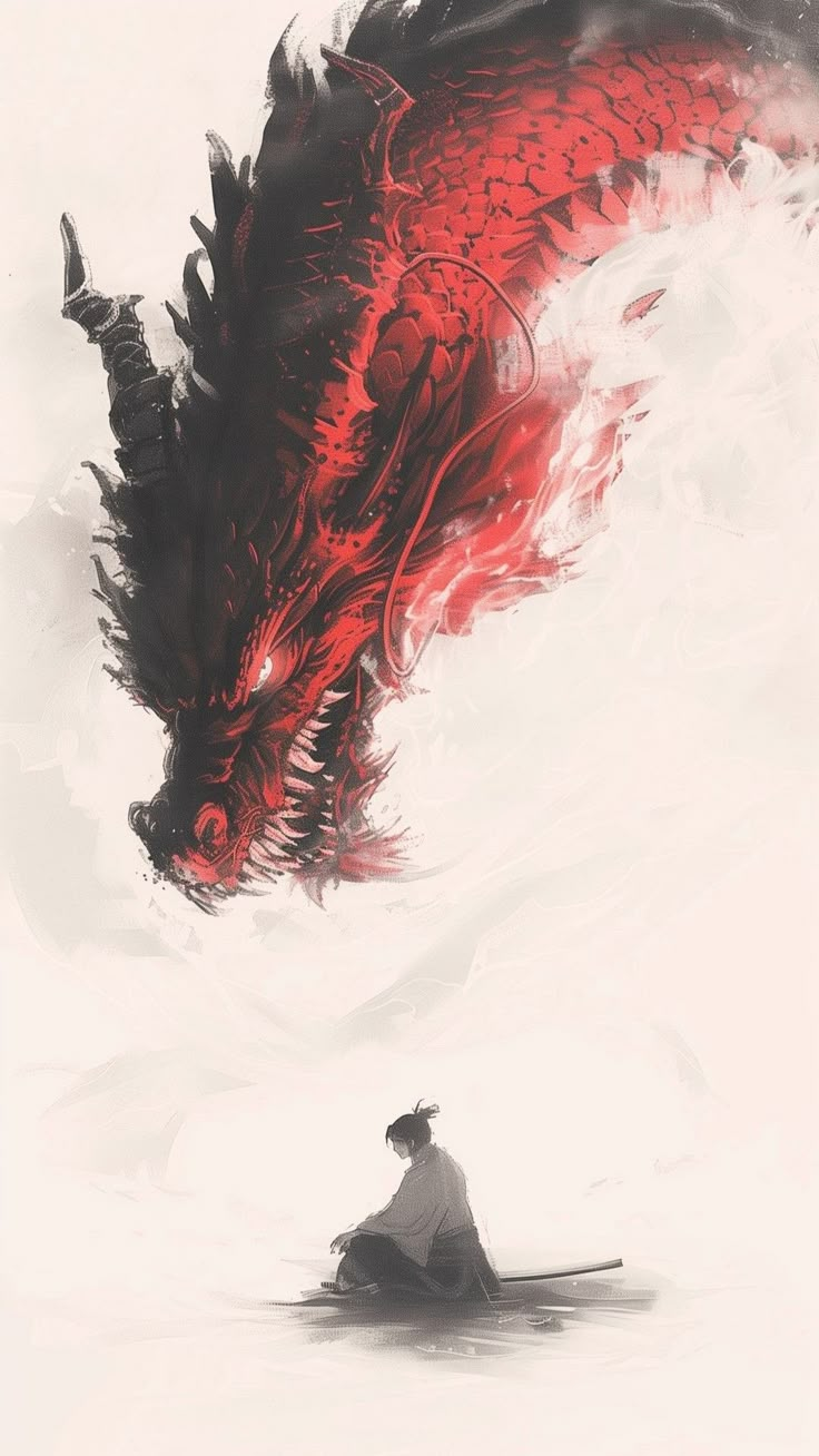 a man sitting on the ground in front of a red dragon flying above him,