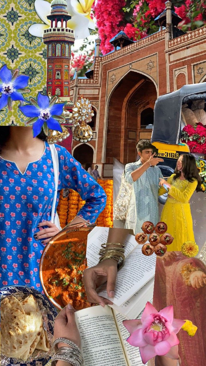 the collage shows women in colorful dresses and hats with flowers on their heads, holding food