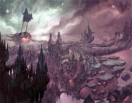 an image of a fantasy city with lots of space and stars in the sky above it