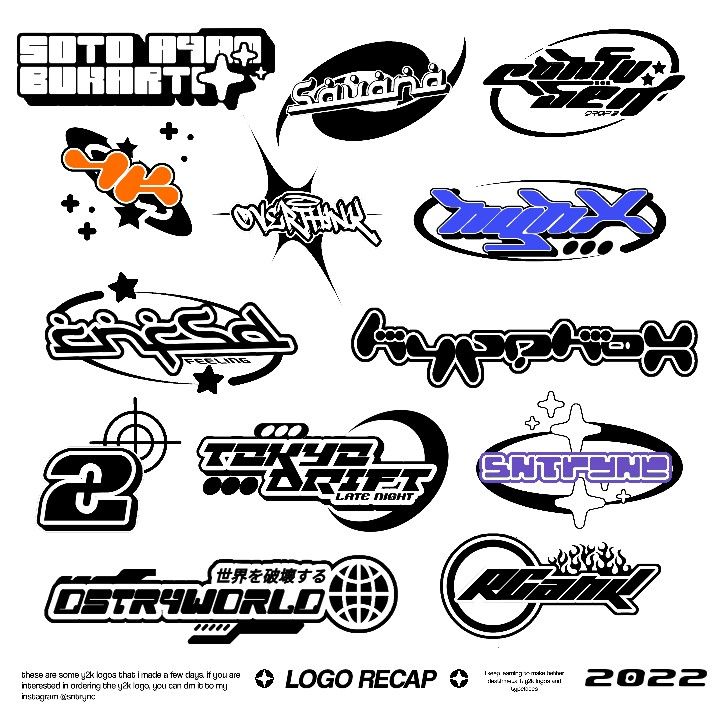 various logos and stickers from the 1990s's to present on t shirts, sweatshirts or jackets