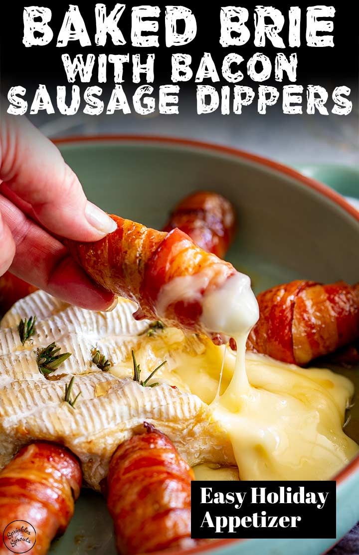 someone is dipping cheese on top of bacon wrapped hot dogs in a bowl with text overlay that reads baked brie with bacon sausage dippers