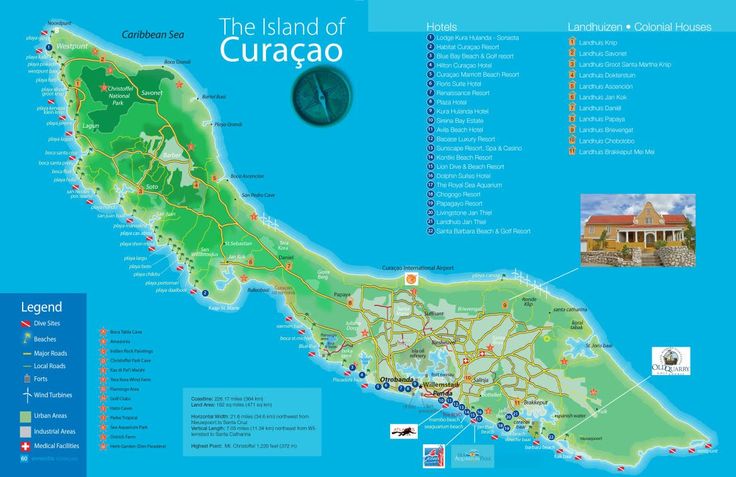 a map of the island of curacao with all its roads and major attractions