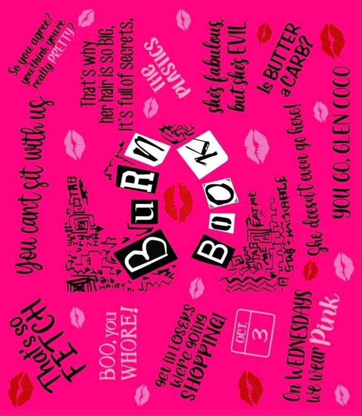 a pink poster with black and white letters on it