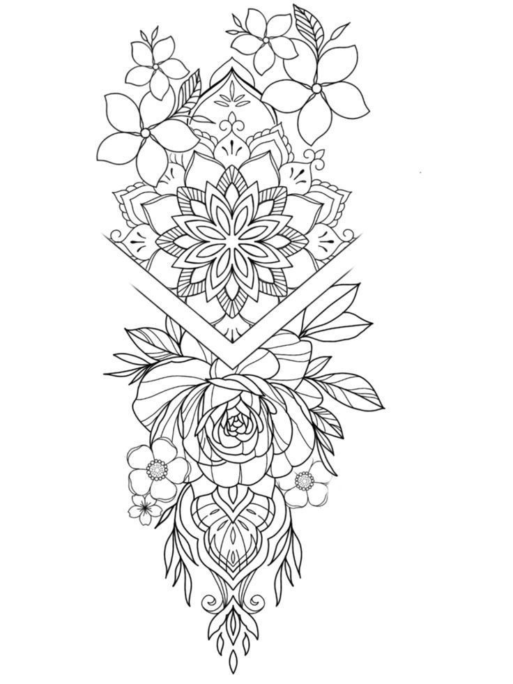 a black and white line drawing of flowers with scissors in the middle, on a white background