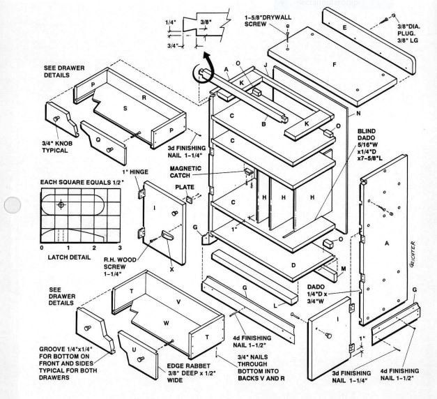 an instruction diagram showing the parts for a cabinet and drawer, with instructions on how to install