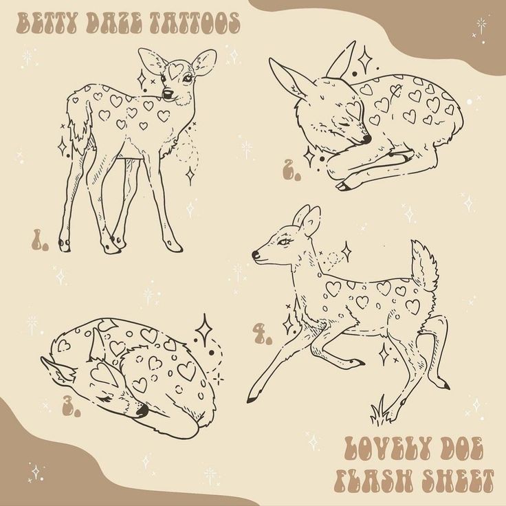 four different types of deers with hearts and stars on their backs, one is laying down