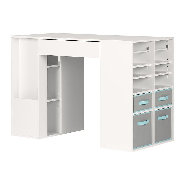 a white desk with drawers and shelves on it's sides, in front of a white background