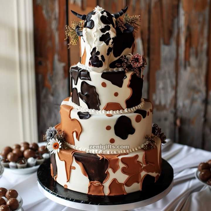 a three tiered cake decorated with brown and white cow print icing on a table