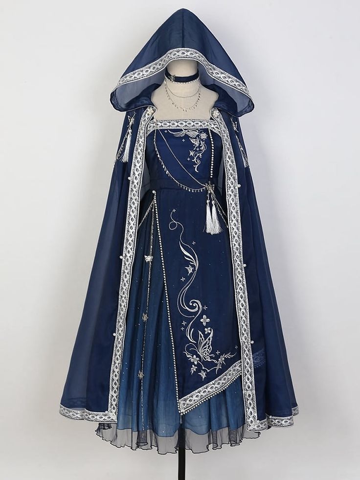 Dark Blue Embroidery Detail Chain Design Dress + Cloak Set Cape Set, Dress Cape, Mode Tips, Chique Outfits, Fantasy Dresses, Fantasy Gowns, Fairytale Dress, Fantasy Dress, Cape Dress