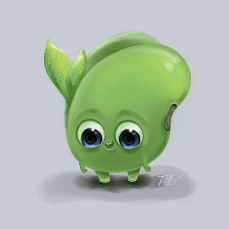 a green creature with big eyes and a leaf on it's head, standing in front of a gray background