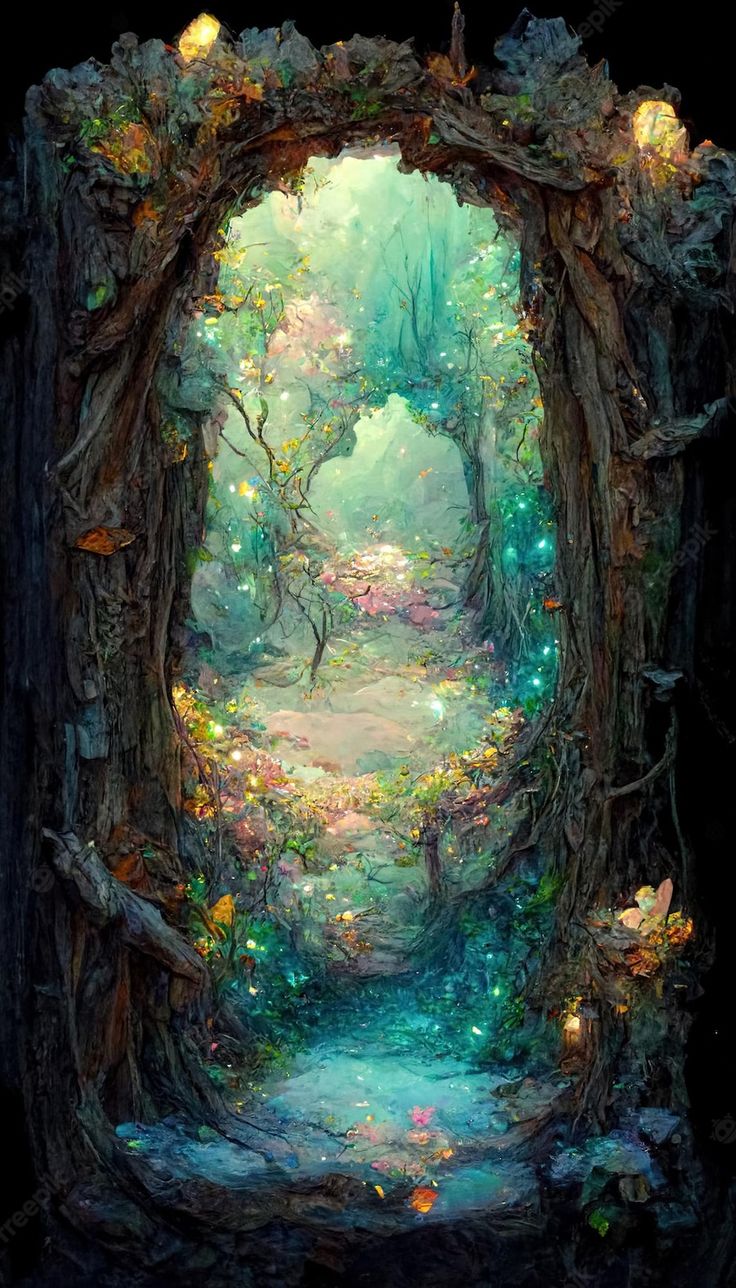 a painting of a forest with trees and flowers