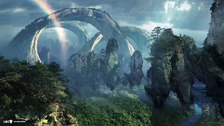 an artist's rendering of a landscape with mountains and rainbows in the sky