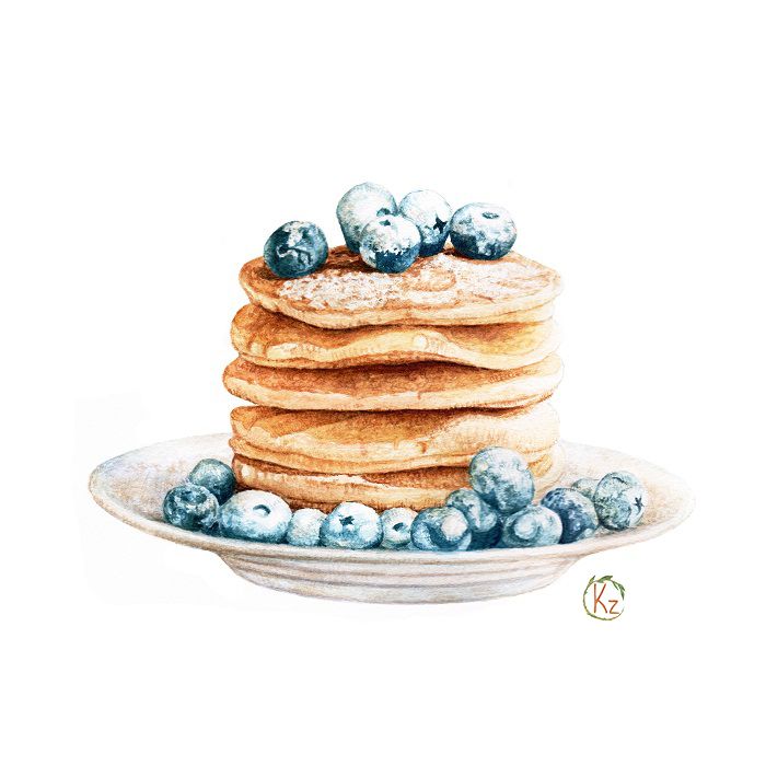 a painting of blueberries and pancakes on a plate