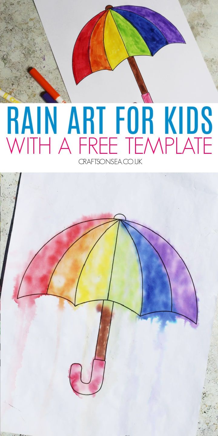 an umbrella with the words rain art for kids on it is shown in front of two pictures