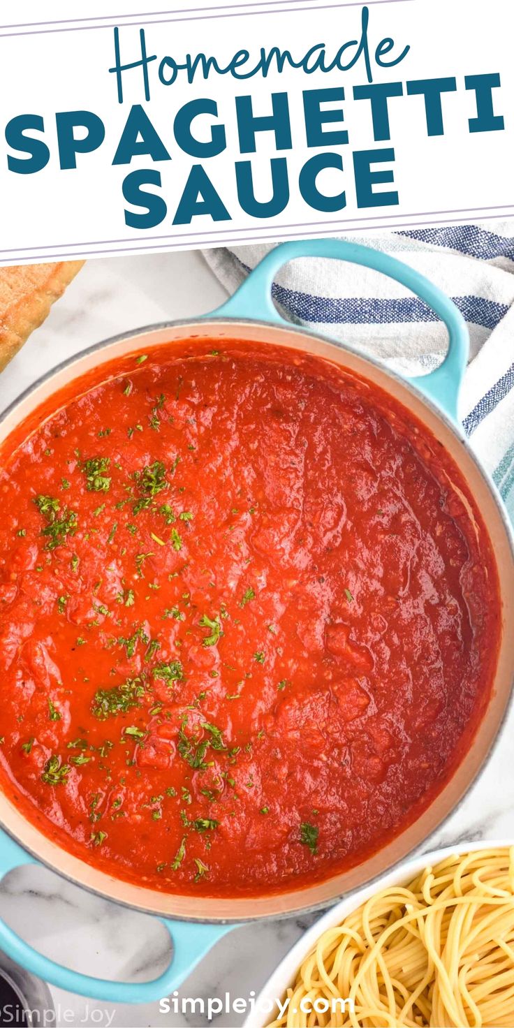 homemade spaghetti sauce in a blue pot with text overlay that reads homemade spaghetti sauce