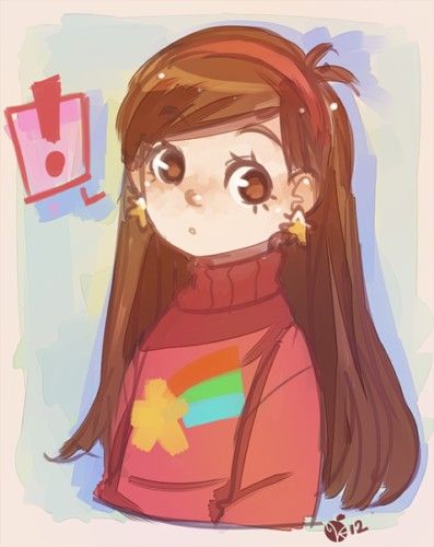 a drawing of a girl with long brown hair wearing a red sweater and yellow earrings