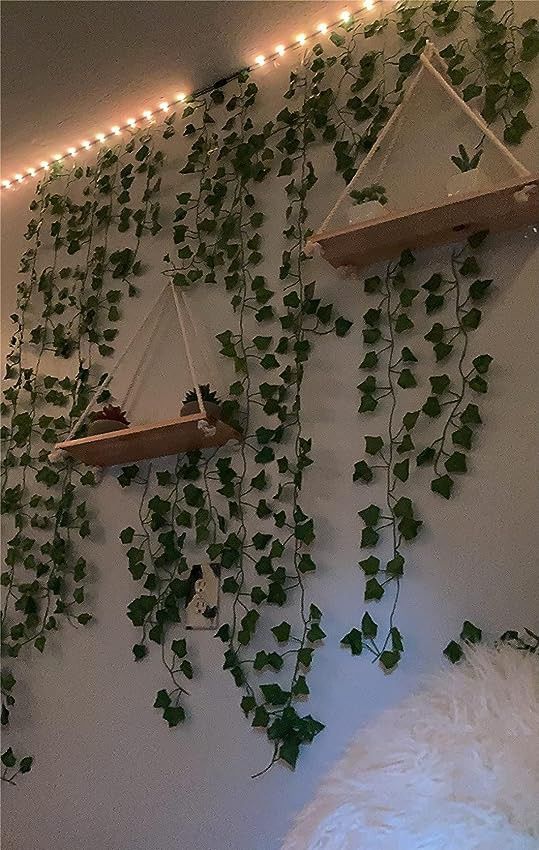 some plants are growing on the wall and hanging from it's sides with lights