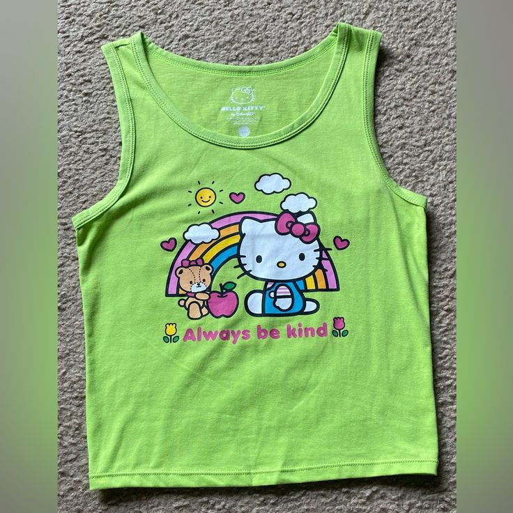 Nwot Size Med Neon Green Kitty Tank Top Summer Tees Sanrio Always Be Kind Vacation Tee Swim Suit Cover Up Top Beach Wear Pairs Well W Jean Shorts Y2k Sleeveless Top With Hello Kitty Print, Hello Kitty Y2k Summer Top, Green Cotton Y2k Tank Top, Fitted Hello Kitty Top For Spring, Fitted Hello Kitty Tops For Spring, Spring Fitted Hello Kitty Tops, Hello Kitty Print Sleeveless Top For Spring, Summer Kawaii Cat Print Tops, Kawaii Cat Print Tops For Summer