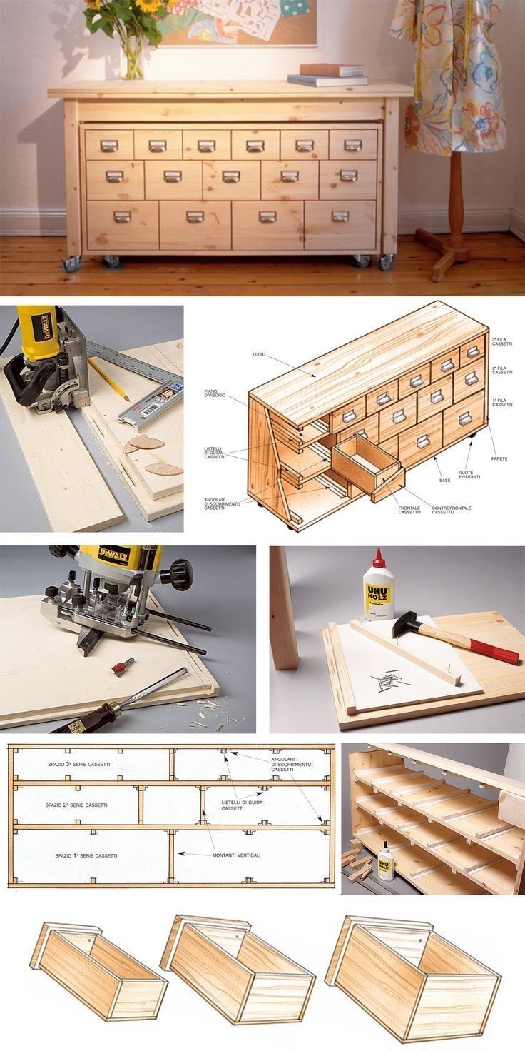 the plans for a dresser with drawers are shown in three different views, including an open drawer