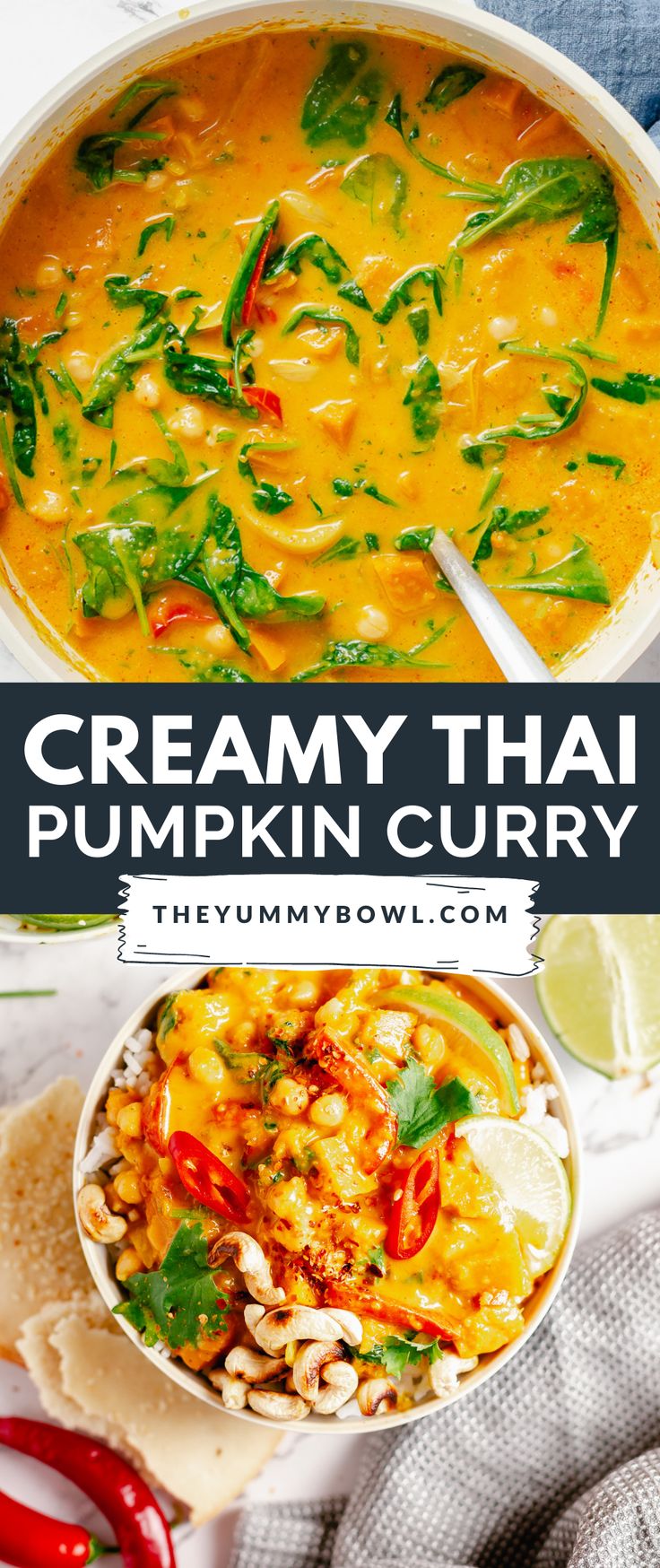 creamy thai pumpkin curry in a white bowl with limes and chili on the side