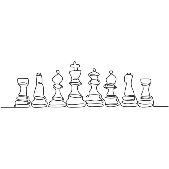 a black and white line drawing of chess pieces on a table with one king in the middle