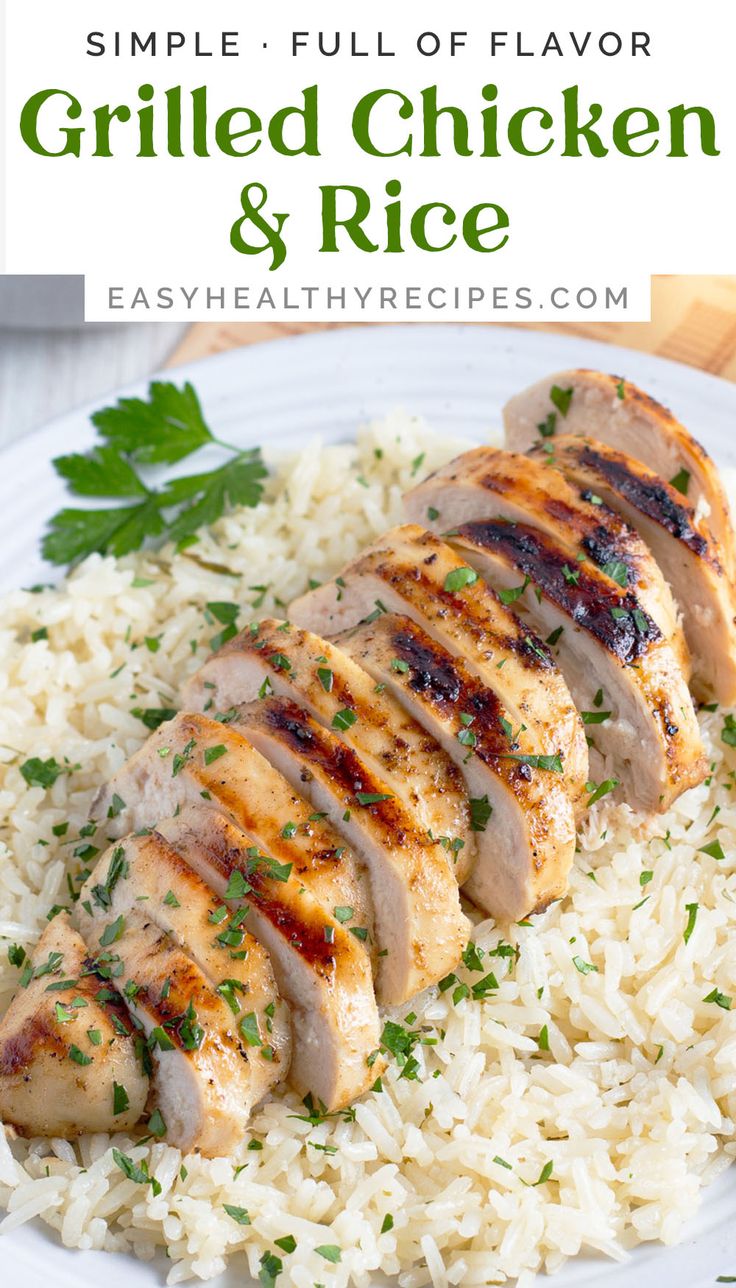 grilled chicken and rice on a white plate