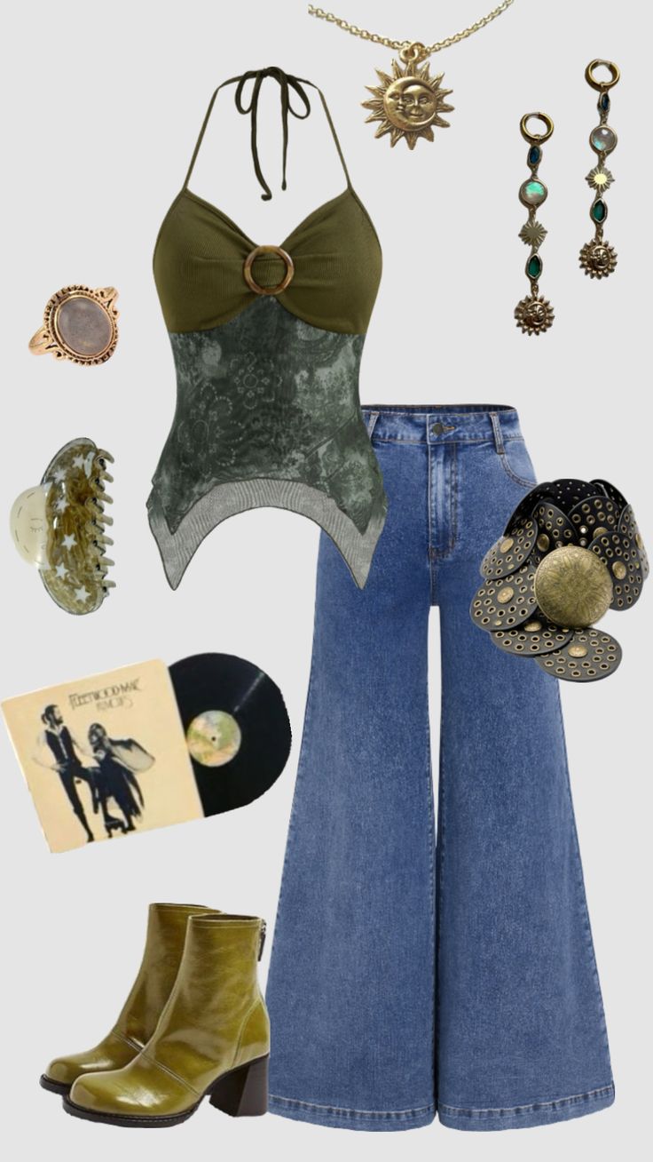 Boho hippie 70s inspired outfit #outfitinspo #vintage #whimsigoth #hippie #boho Boho Aesthetic Outfit, Outfit Hippie, 70s Inspired Outfits, Denim Dress Outfit, Hippie 70s, 70s Denim, Outfits 70s, Estilo Hippy, Mode Hippie