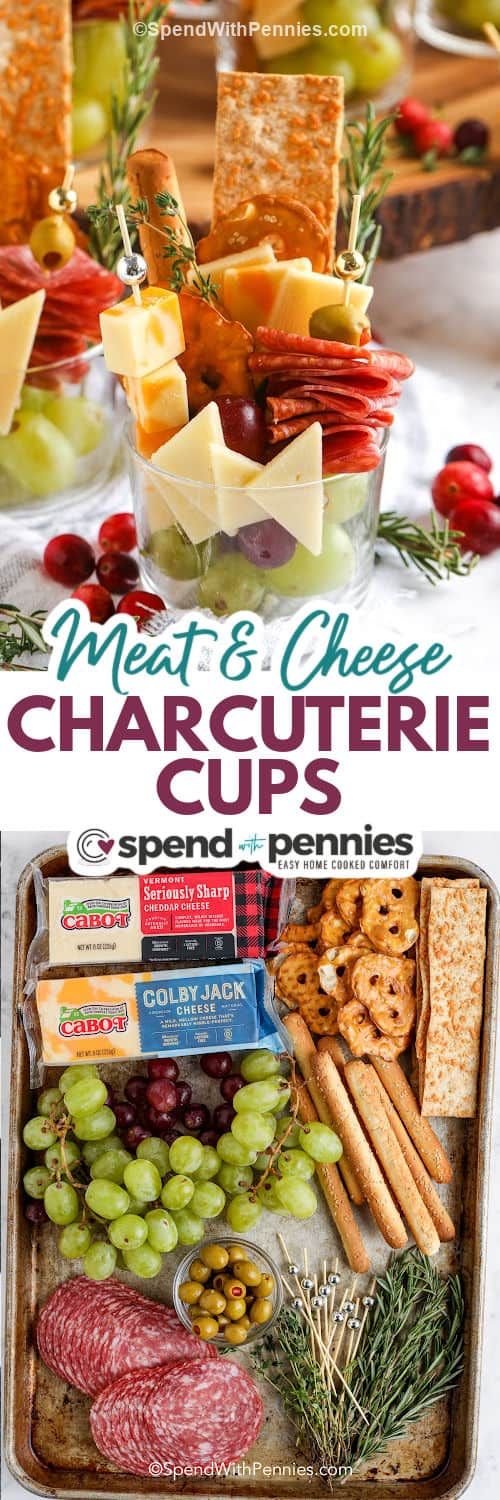 the cover of meat and cheese charcuterie cups