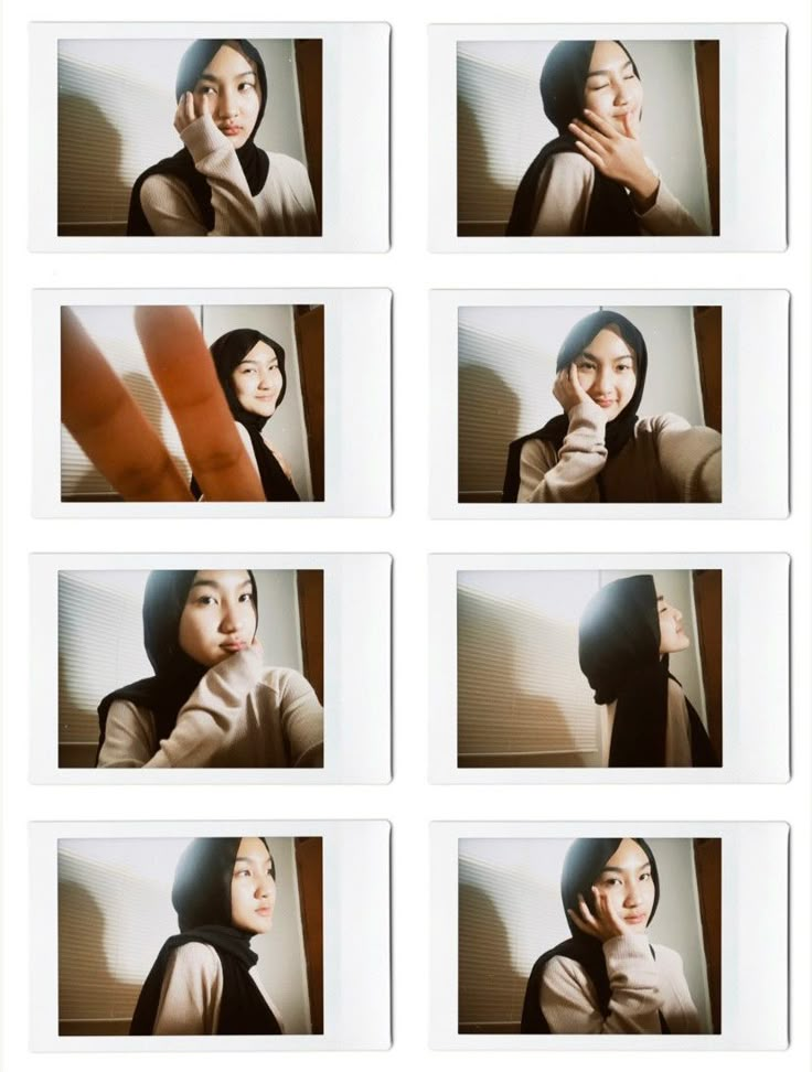 several pictures of a woman in hijab talking on a cell phone and holding her hand up to her face