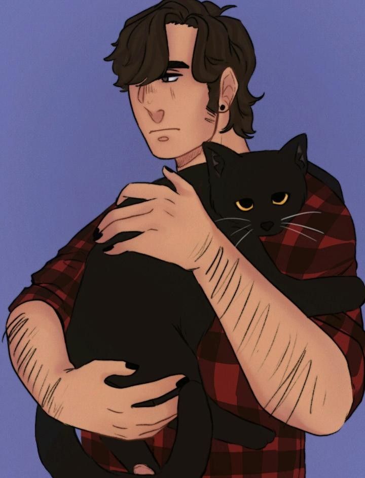 a man is holding a black cat in his arms and looking at the camera while wearing a plaid shirt