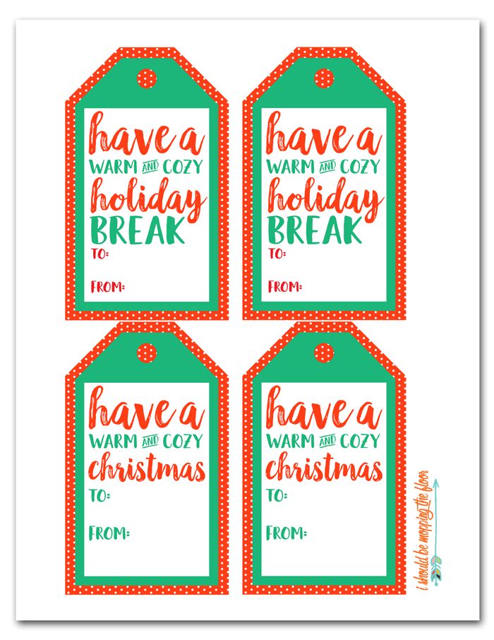 four christmas tags with the words have a warm and cozy holiday break to keep on hand