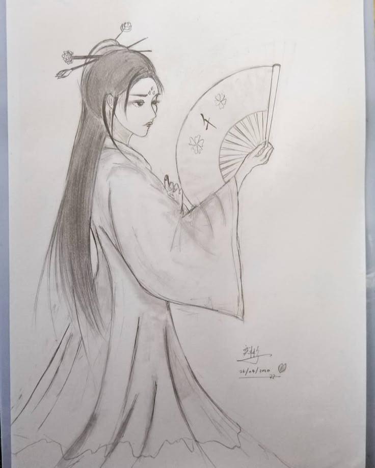 a drawing of a woman holding a fan