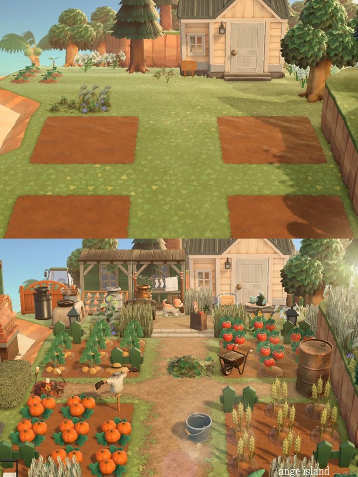 an animated farm scene is shown in two separate screens, one showing the vegetable garden