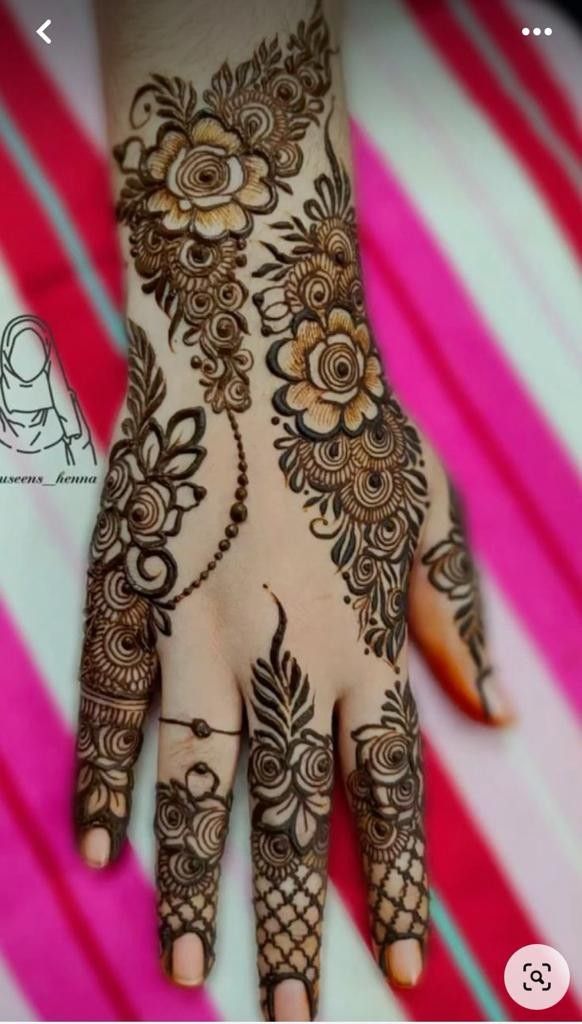 the hand is decorated with henna and flowers