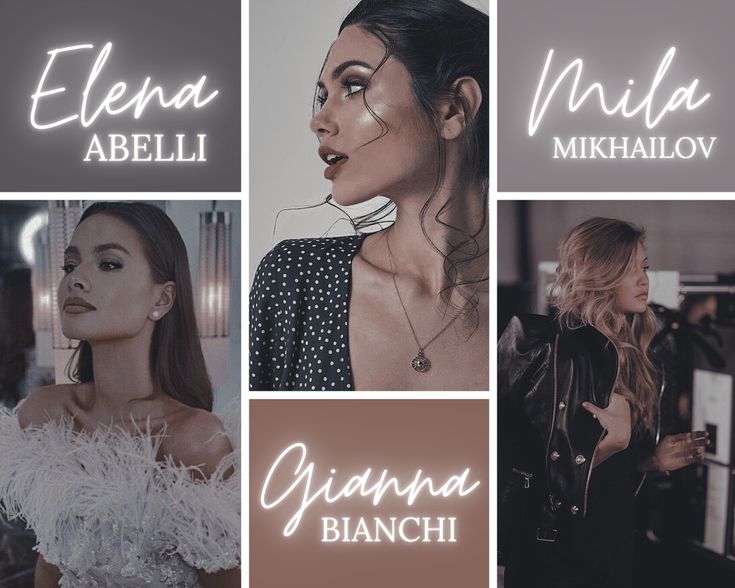 four different photos with the words aria abella, mikihalova and giana bianchi