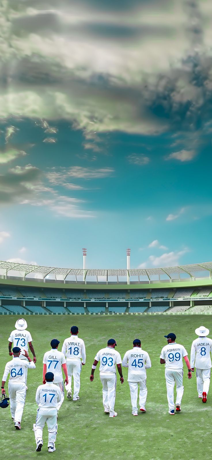 a group of men standing on top of a lush green field next to a stadium