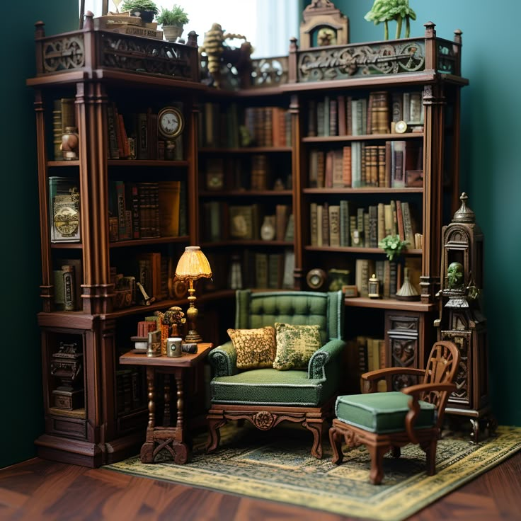 a living room filled with furniture and bookshelves next to a lamp on top of a wooden floor