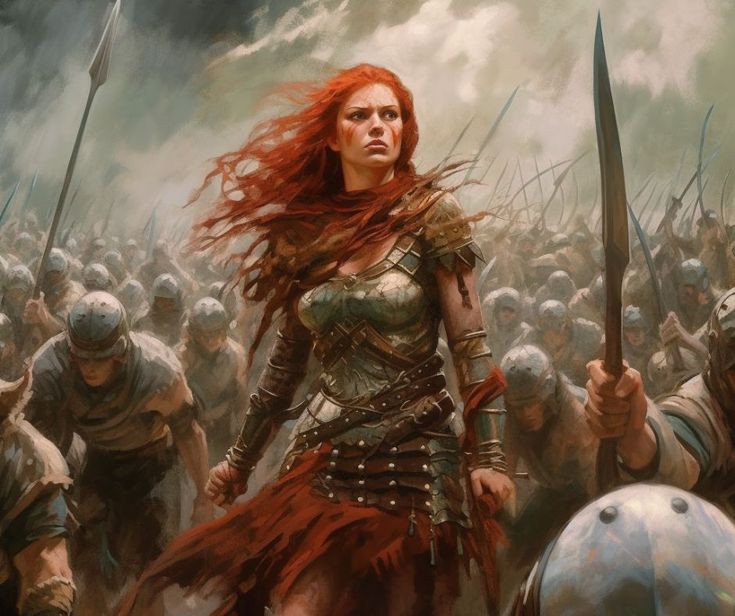 a woman with red hair standing in front of a group of men and women holding swords