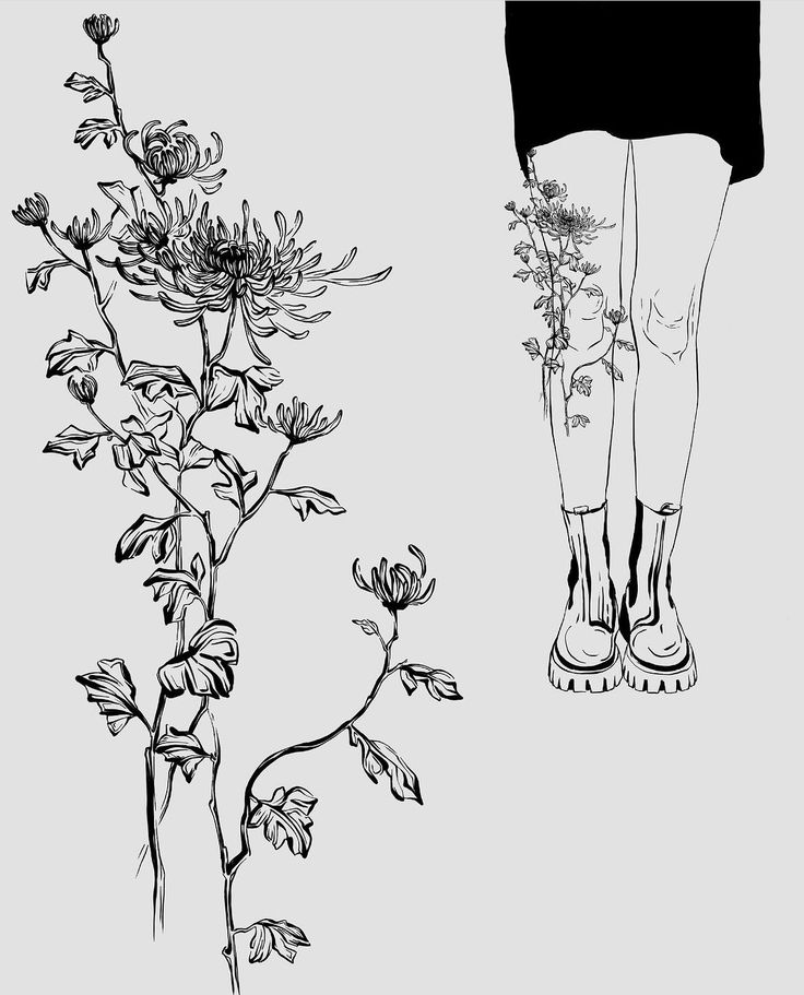 a black and white drawing of a person standing next to a plant with flowers on it