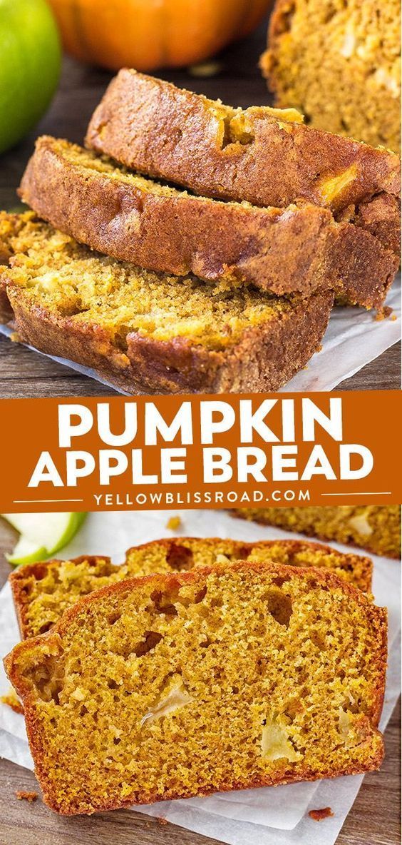 sliced pumpkin apple bread with apples in the background