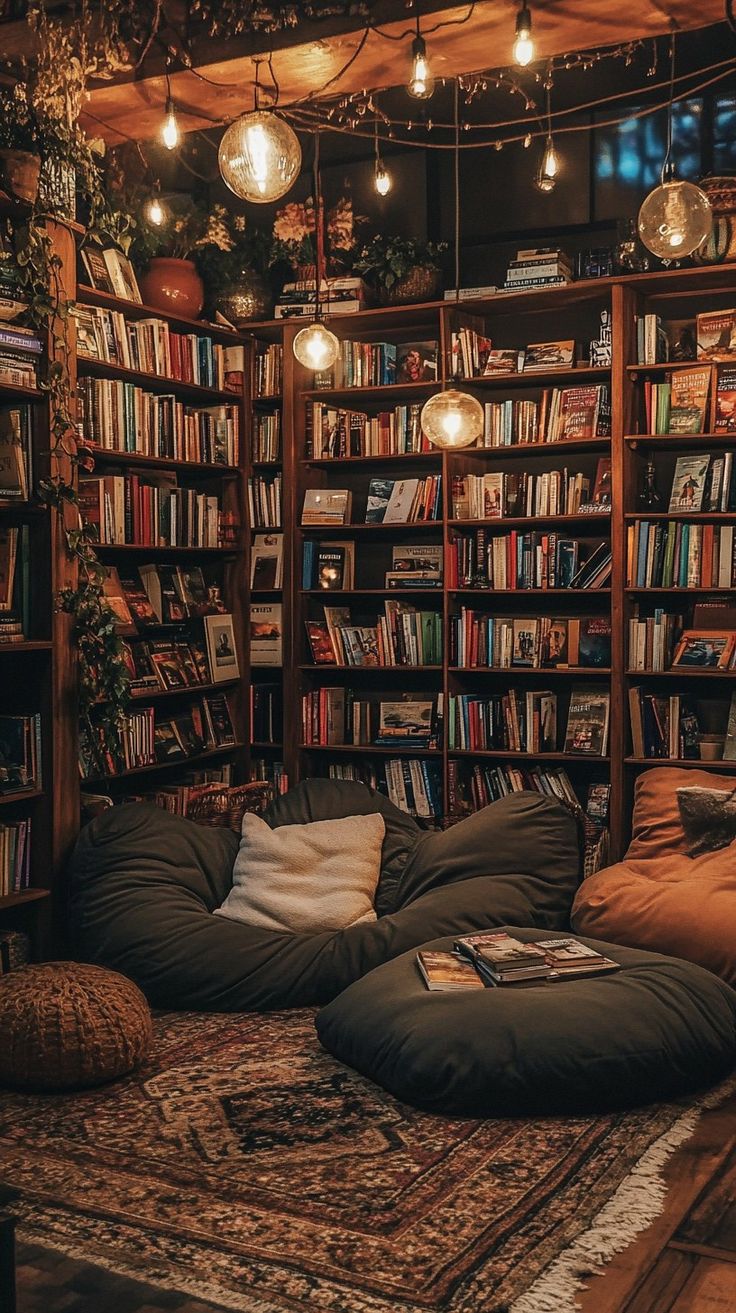 a living room filled with lots of books and pillows on top of a carpeted floor