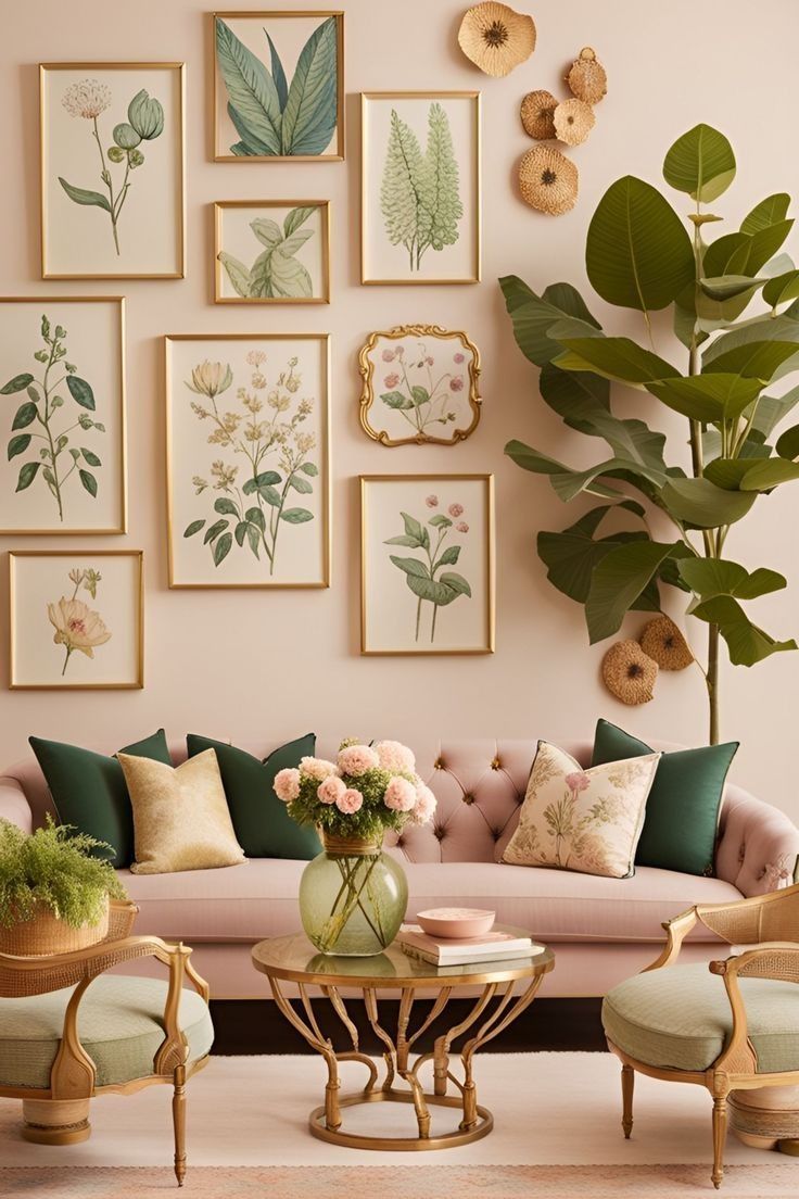 a living room filled with furniture and lots of framed pictures on the wall above it