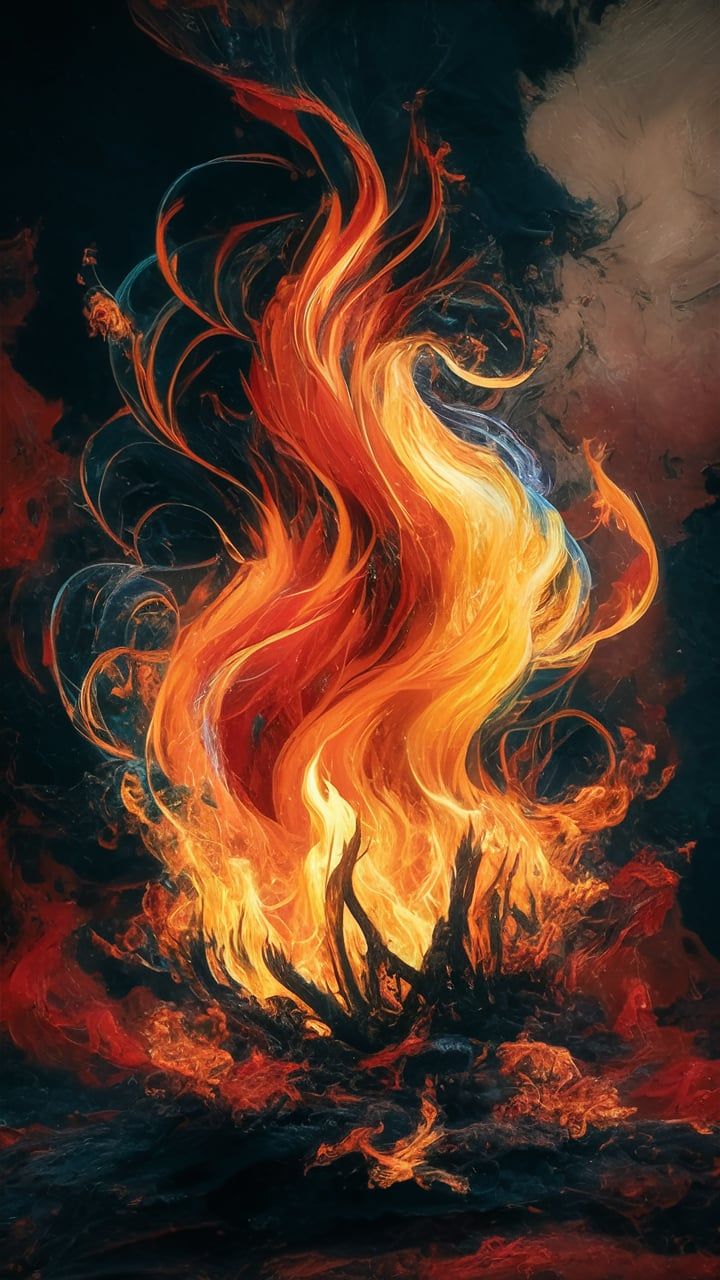 an artistic fire painting with red, yellow and blue colors